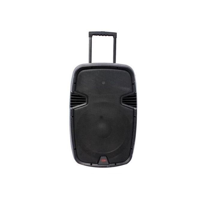 Portable black PA speaker with a retractable handle and wheels for easy transport