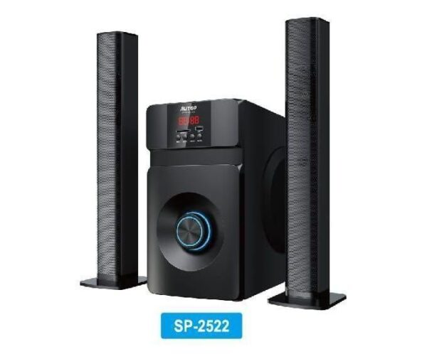 Black 2.1 speaker system with two tall satellite speakers and a central subwoofer, model SP-2522