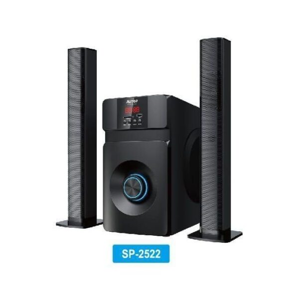 Black 2.1 speaker system with two tall satellite speakers and a central subwoofer, model SP-2522