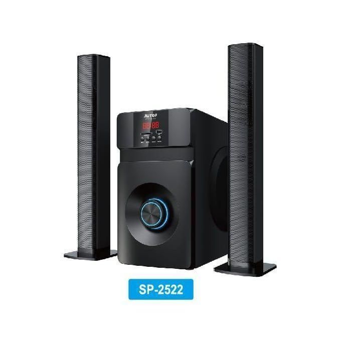 Black 2.1 speaker system with two tall satellite speakers and a central subwoofer, model SP-2522