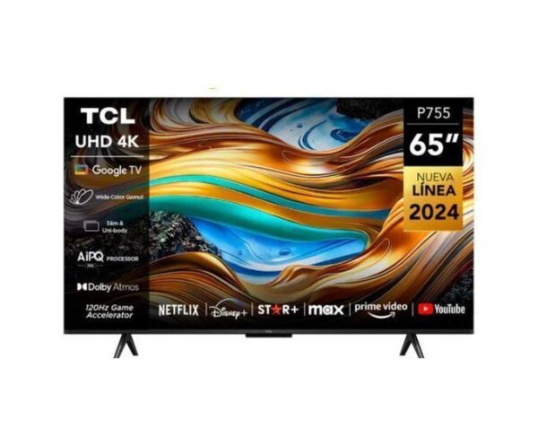 65-inch TCL P755 UHD 4K smart TV on a stand, vibrant colorful screen with logos for Netflix, Disney+, YouTube, and Google TV