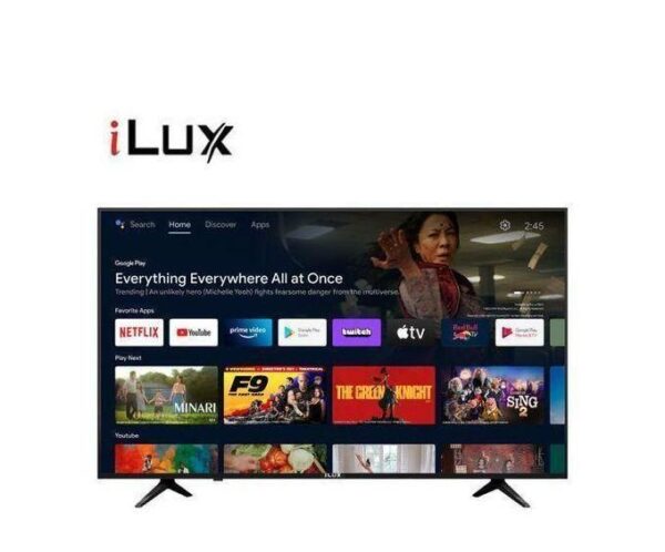 iLux logo above a large smart TV displaying a home screen with streaming apps (Netflix, YouTube, Prime Video, etc.).