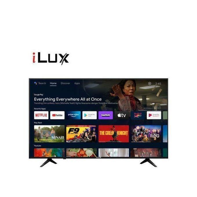 iLux logo above a large smart TV displaying a home screen with streaming apps (Netflix, YouTube, Prime Video, etc.).