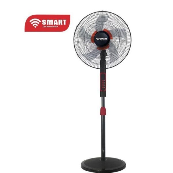 Smart brand pedestal floor fan with circular grille, tall adjustable stand, and red-accent motor housing for home cooling.