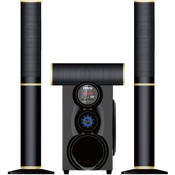 Home theater speaker set: two tall floor speakers flank a black center unit with a circular display and blue dial.