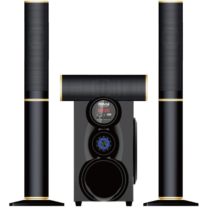 Home theater speaker set: two tall floor speakers flank a black center unit with a circular display and blue dial.