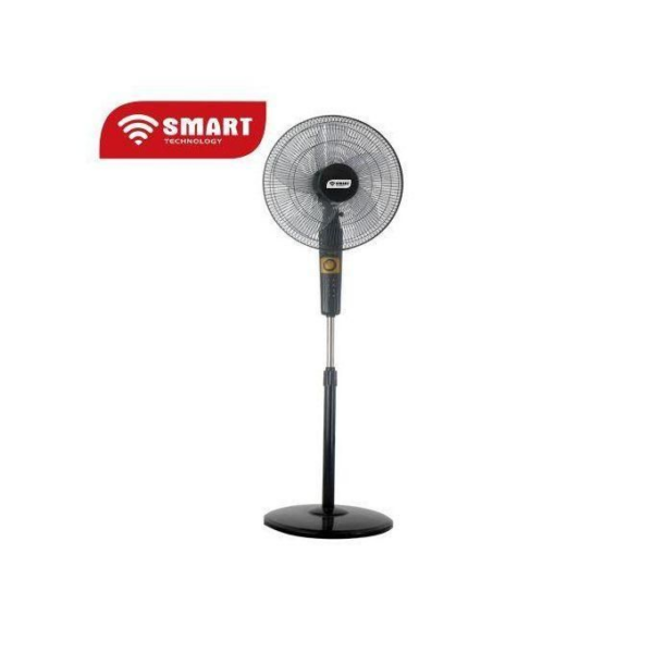 Pedestal floor fan with a circular metal grille and tall adjustable stand, black base, logo reading 'SMART Technology' in the top left corner.