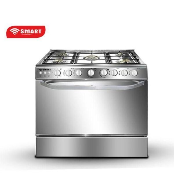 Stainless steel gas range with four burners and a front oven, SMART Technology logo visible in the top left.
