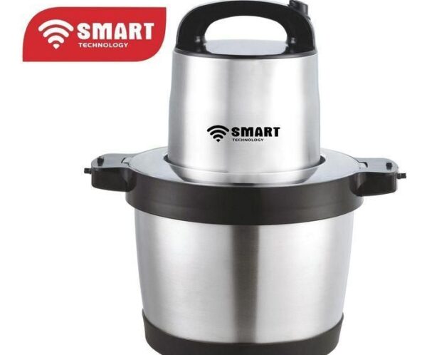 Stainless steel electric pressure cooker with black handle, branded SMART Technology.