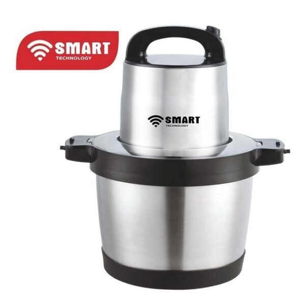 Stainless steel electric pressure cooker with black handle, branded SMART Technology.
