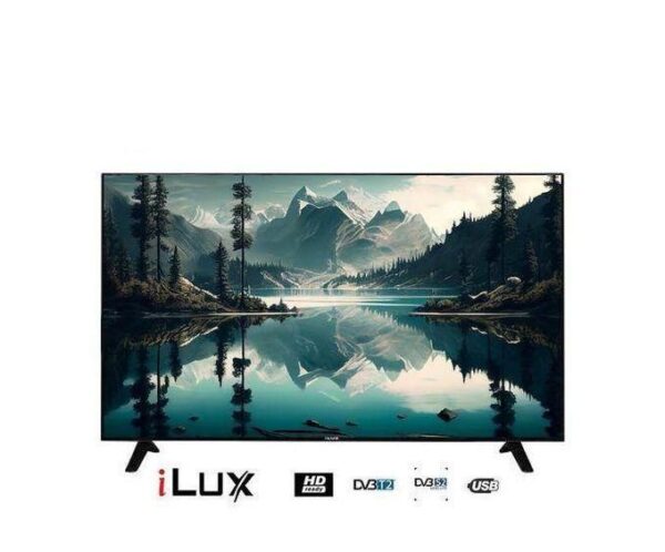 iLux flat-screen TV on a white background displaying a mountain lake landscape with reflections, stand legs visible and logos beneath.