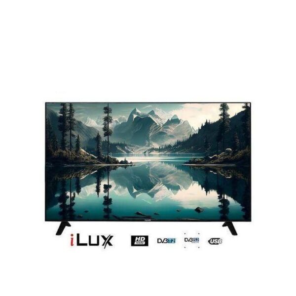 iLux flat-screen TV on a white background displaying a mountain lake landscape with reflections, stand legs visible and logos beneath.