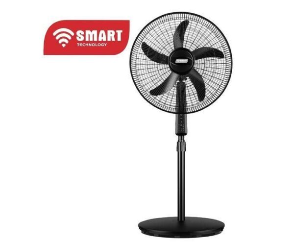 Black pedestal fan with a circular mesh grille and five blades on a tall adjustable stand; 'SMART TECHNOLOGY' logo to the left.