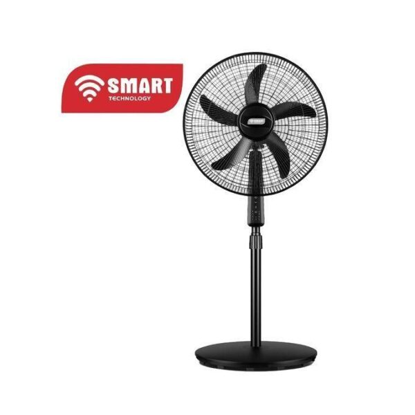 Black pedestal fan with a circular mesh grille and five blades on a tall adjustable stand; 'SMART TECHNOLOGY' logo to the left.