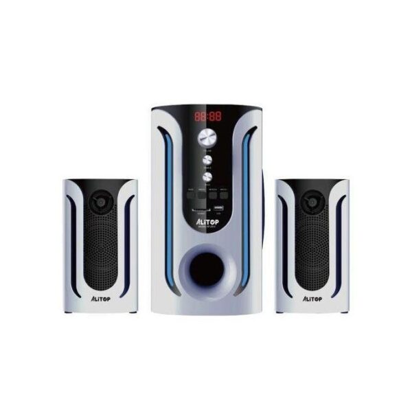 Alitop 2.1 speaker system with a central subwoofer and two satellite speakers in silver and black with blue accents.