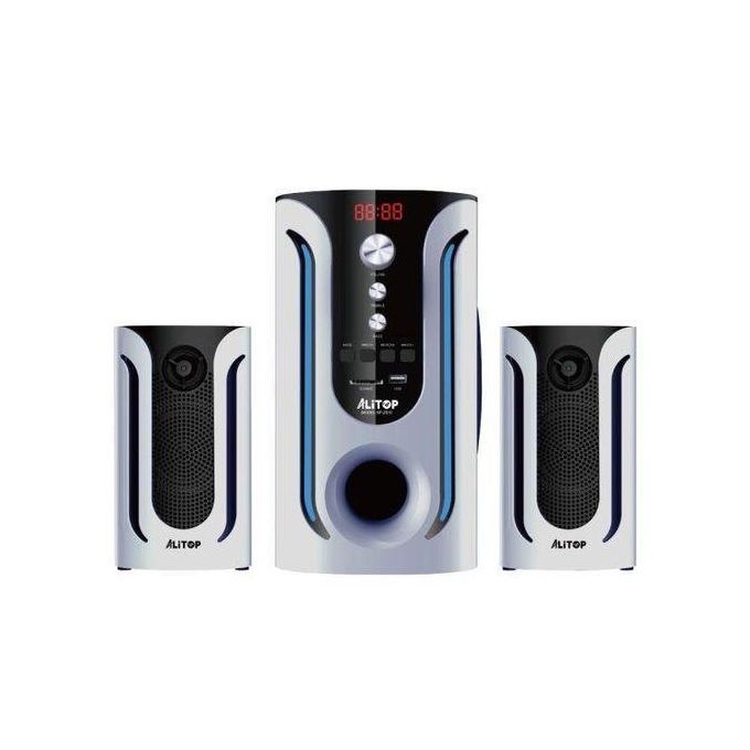 Alitop 2.1 speaker system with a central subwoofer and two satellite speakers in silver and black with blue accents.