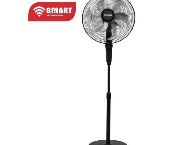 Black pedestal fan on a stand with a circular grille and protective grill, displaying the SMART Technology logo nearby.