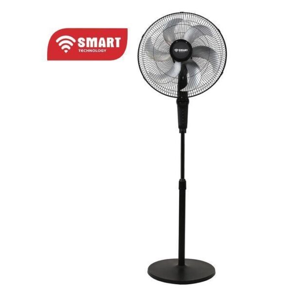 Black pedestal fan on a stand with a circular grille and protective grill, displaying the SMART Technology logo nearby.