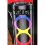 Black portable speaker with two round driver grilles and a rainbow-colored ring around them.