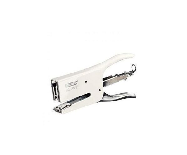 White manual stapler (Rapid Classic 1) used to staple sheets of paper, shown from the side.
