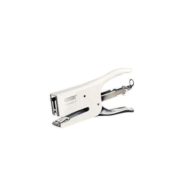 White manual stapler (Rapid Classic 1) used to staple sheets of paper, shown from the side.