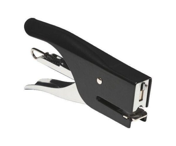 Black handheld stapler with a silver metal lever and visible interior mechanism.