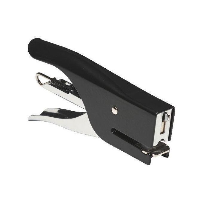 Black handheld stapler with a silver metal lever and visible interior mechanism.