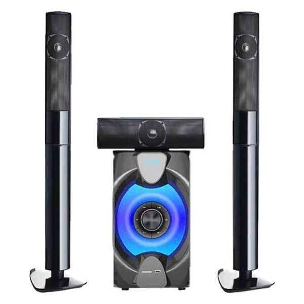 Home theater speaker system with two tall floor-standing speakers, a center speaker, and a blue-lit subwoofer.