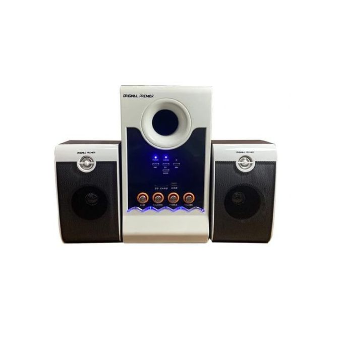 Three-piece stereo speaker system with a central subwoofer and two satellite speakers, white and black with blue control lights in the middle.