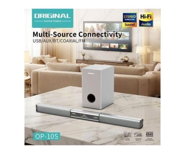 Multi-source home theater system setup: a soundbar and a subwoofer on a marble table in a living room, with the text 'Multi-Source Connectivity' and 'OP-10S' visible.