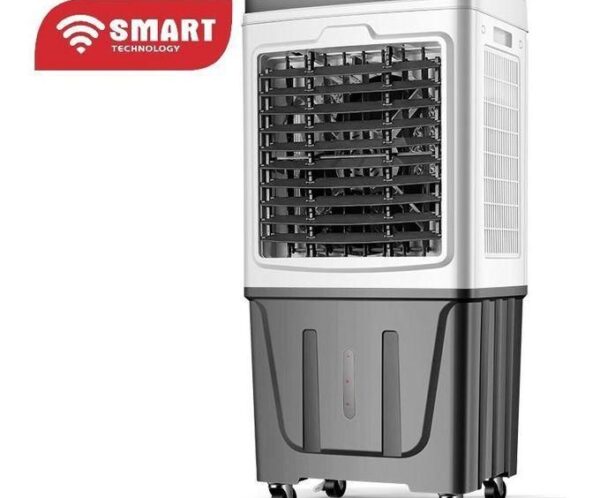 Portable evaporative air cooler on caster wheels with a front grille and a water-filled lower tank, labeled SMART Technology