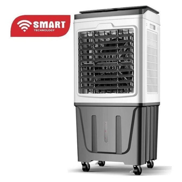 Portable evaporative air cooler on caster wheels with a front grille and a water-filled lower tank, labeled SMART Technology