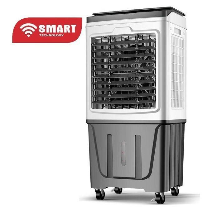 Portable evaporative air cooler on caster wheels with a front grille and a water-filled lower tank, labeled SMART Technology