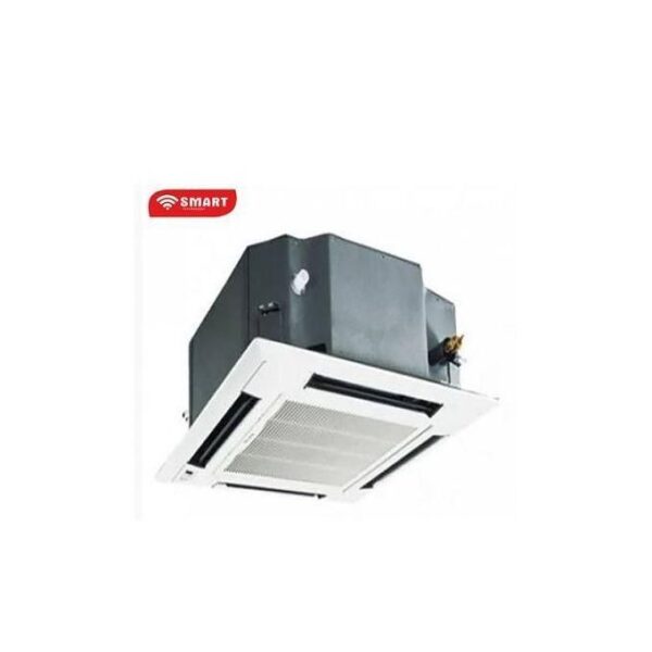Ceiling-mounted cassette air conditioner unit with a white grille and metallic housing, featuring a red SMART logo on the top left.