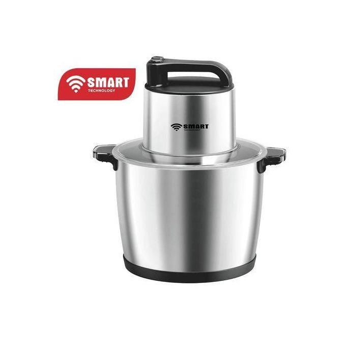 Stainless steel stand mixer with a large bowl and black handle, branded SMART Technology on the top unit.