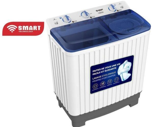 Top-loading washing machine with a blue lid and a 'Smart Technology' badge on the side panel.