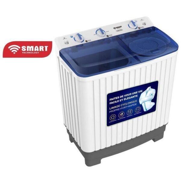 Top-loading washing machine with a blue lid and a 'Smart Technology' badge on the side panel.