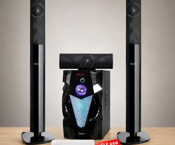 Black 2.1 surround sound system with two tall speakers and a central illuminated subwoofer unit on a wooden floor; USB promo tag in front.