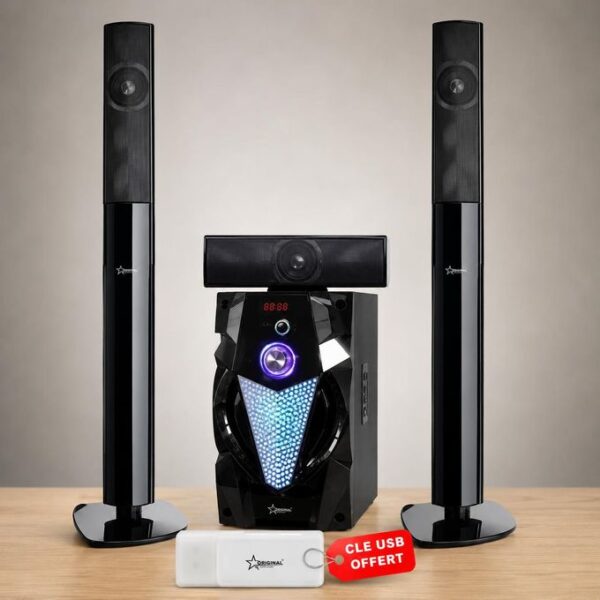 Black 2.1 surround sound system with two tall speakers and a central illuminated subwoofer unit on a wooden floor; USB promo tag in front.
