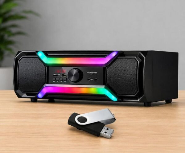 Black multimedia speaker with neon RGB light strips and a control panel; a USB drive sits on the desk in front.