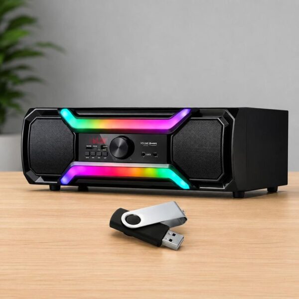 Black multimedia speaker with neon RGB light strips and a control panel; a USB drive sits on the desk in front.