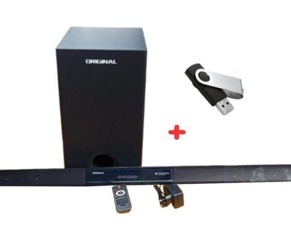 Bundle image of a black soundbar system with a tall subwoofer, remote control, and a USB drive accessory.