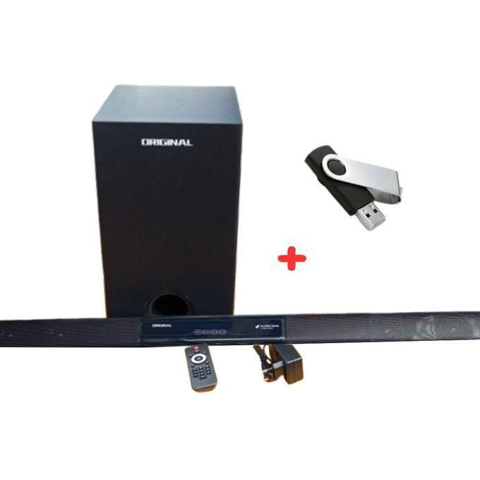 Bundle image of a black soundbar system with a tall subwoofer, remote control, and a USB drive accessory.