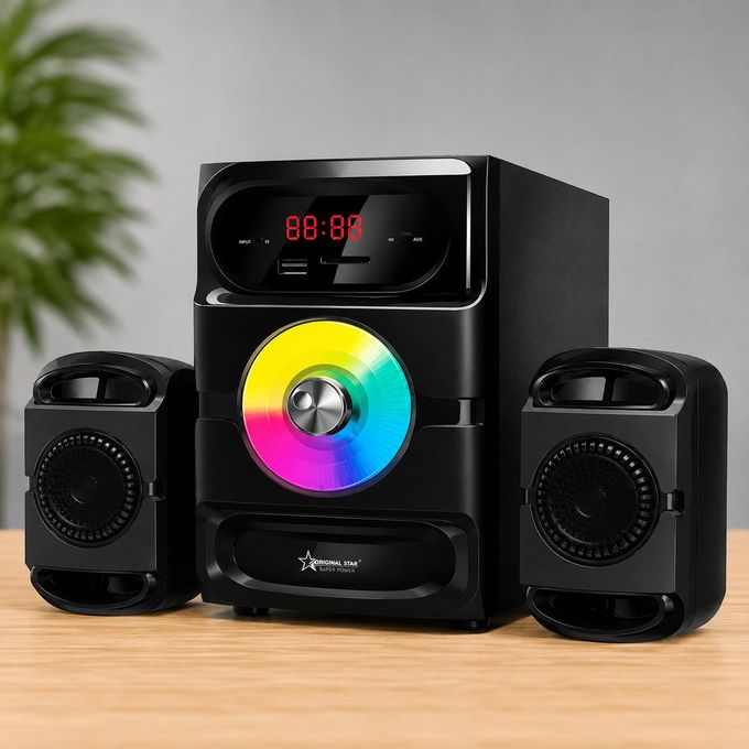 Black multi-piece home stereo system with a rainbow-colored CD on the front disc and two satellite speakers on either side, placed on a wooden surface.