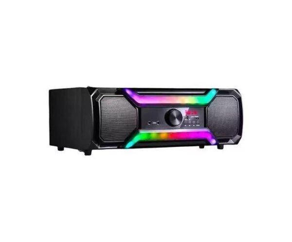 Black portable speaker with RGB LED lights around the front panel and a central control knob.