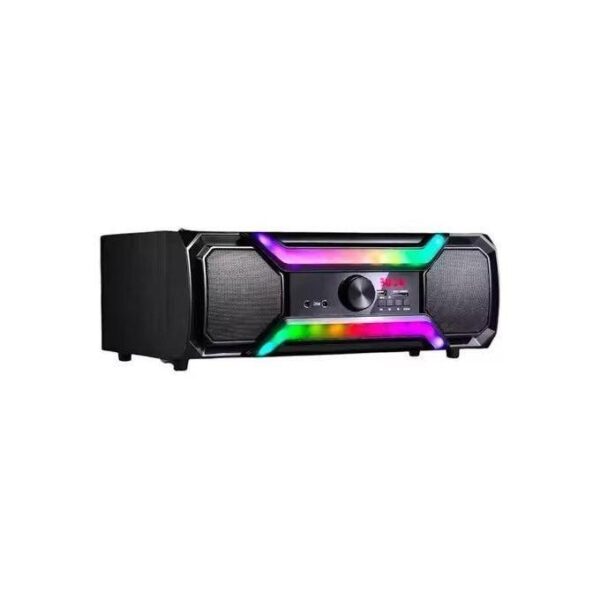 Black portable speaker with RGB LED lights around the front panel and a central control knob.