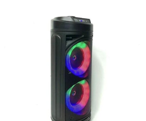 Tower Bluetooth speaker with two front RGB LED-lit fans and a black chassis.