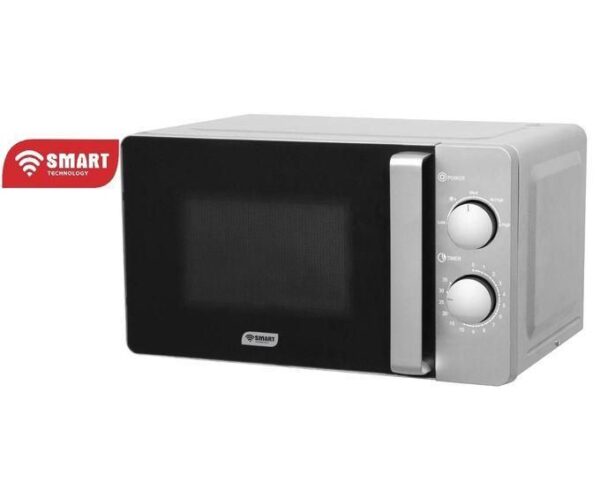 Stainless steel microwave oven with a black front window and two control dials on the right.