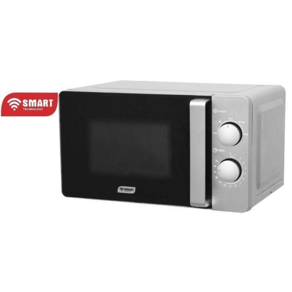 Stainless steel microwave oven with a black front window and two control dials on the right.