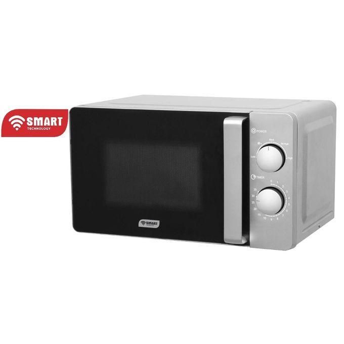Stainless steel microwave oven with a black front window and two control dials on the right.
